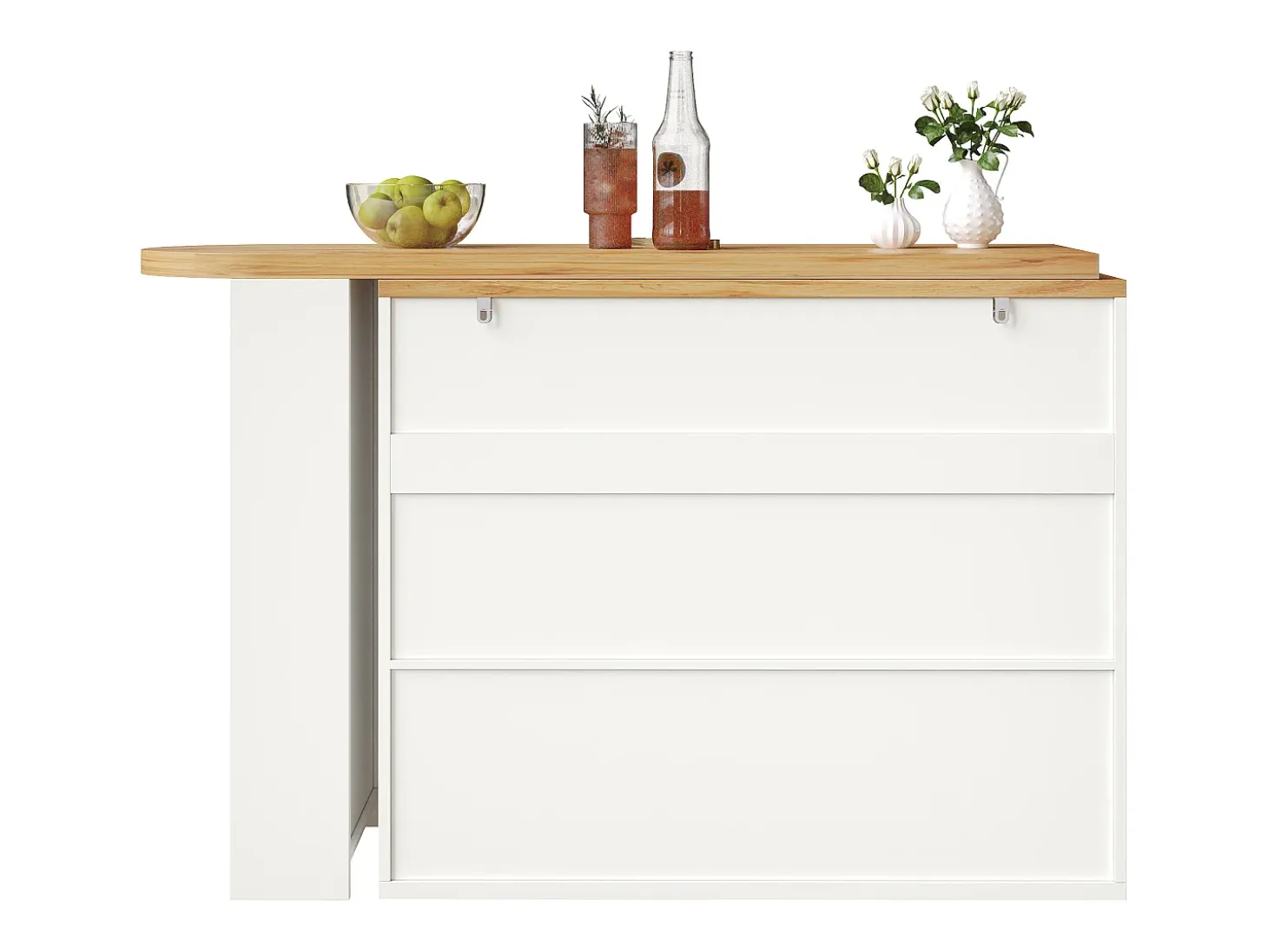 Mueble bar extensible con 2 cajones y 2 puertas - Tapa extensible con ruedas - Blanco y madera