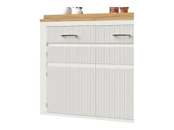 Mueble bar extensible con 2 cajones y 2 puertas - Tapa extensible con ruedas - Blanco y madera
