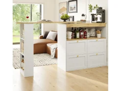 Mueble bar giratorio 360° - 204 x 39 x 104 cm - con 4 cajones + estantes abiertos - MDF - blanco