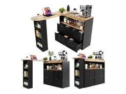 Mueble bar giratorio - 4 cajones, 3 estantes y nicho - Tapa efecto madera MDF - 138 cm/105x39x102 cm - Negro