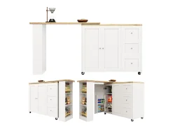 Mueble bar giratorio - 2 puertas, 2 cajones y estantes de almacenaje - 138/209 x 39 x 104 cm - Madera MDF y cristal - Blanco + natural