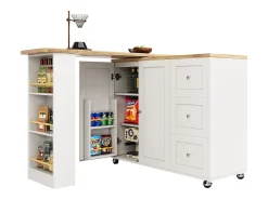 Mueble bar giratorio - 2 puertas, 2 cajones y estantes de almacenaje - 138/209 x 39 x 104 cm - Madera MDF y cristal - Blanco + natural