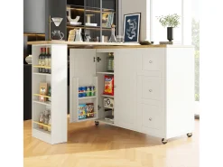 Mueble bar giratorio - 2 puertas, 2 cajones y estantes de almacenaje - 138/209 x 39 x 104 cm - Madera MDF y cristal - Blanco + natural