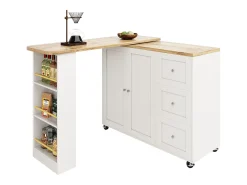 Mueble bar giratorio - 2 puertas, 2 cajones y estantes de almacenaje - 138/209 x 39 x 104 cm - Madera MDF y cristal - Blanco + natural