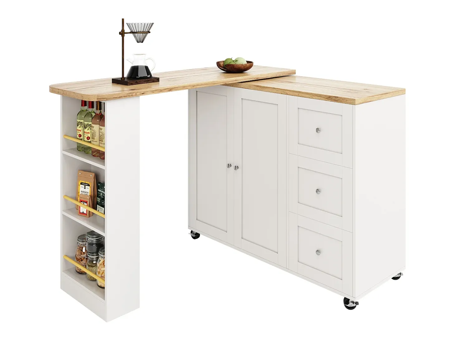 Mueble bar giratorio - 2 puertas, 2 cajones y estantes de almacenaje - 138/209 x 39 x 104 cm - Madera MDF y cristal - Blanco + natural
