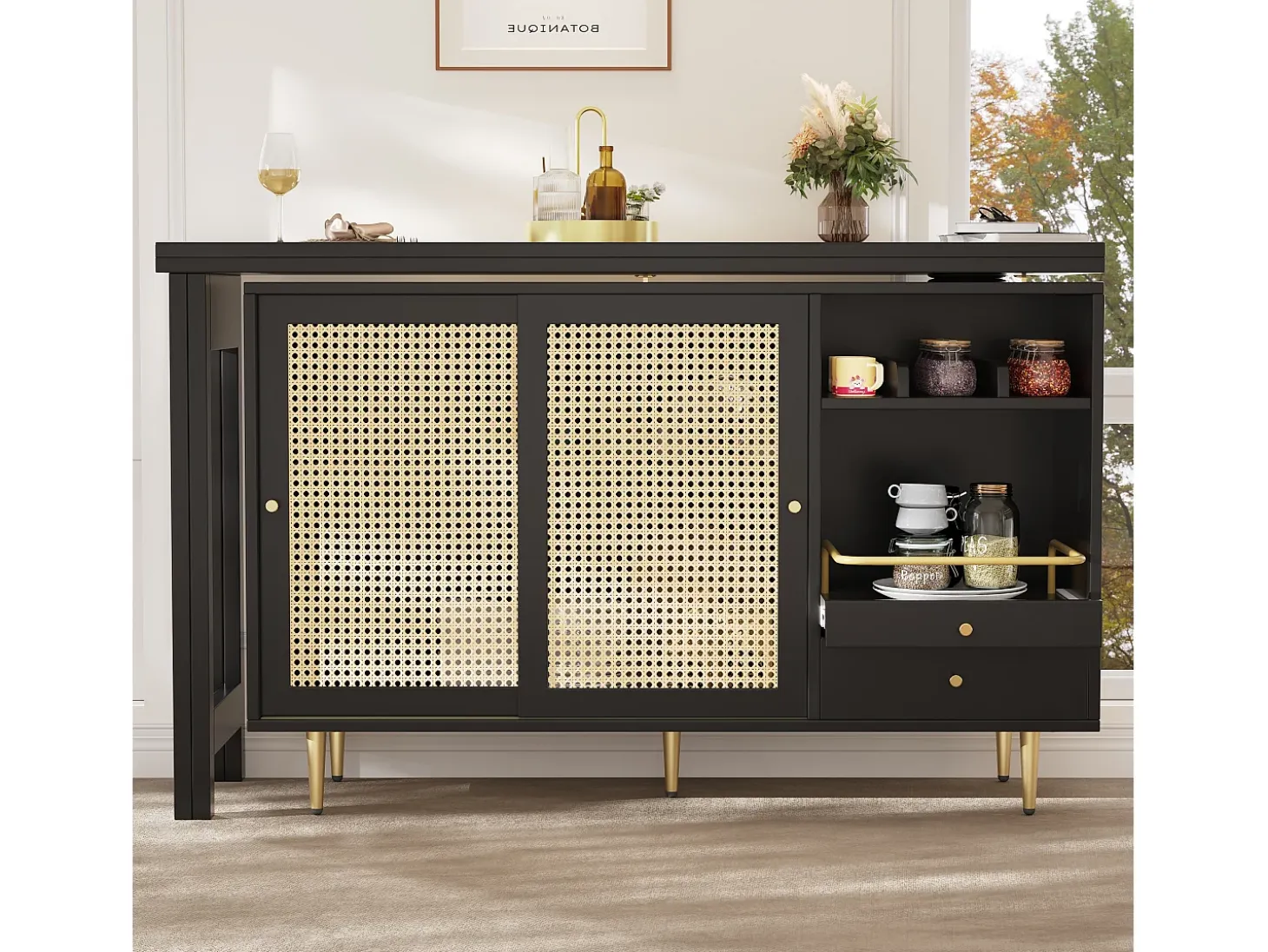 Mueble bar giratorio - 2 puertas, cajones y estantes de almacenaje - MDF y efecto ratán - Negro