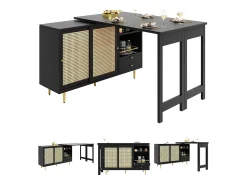 Mueble bar giratorio - 2 puertas, cajones y estantes de almacenaje - MDF y efecto ratán - Negro