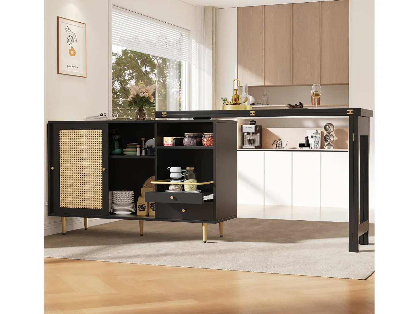 Mueble bar giratorio - 2 puertas, cajones y estantes de almacenaje - MDF y efecto ratán - Negro