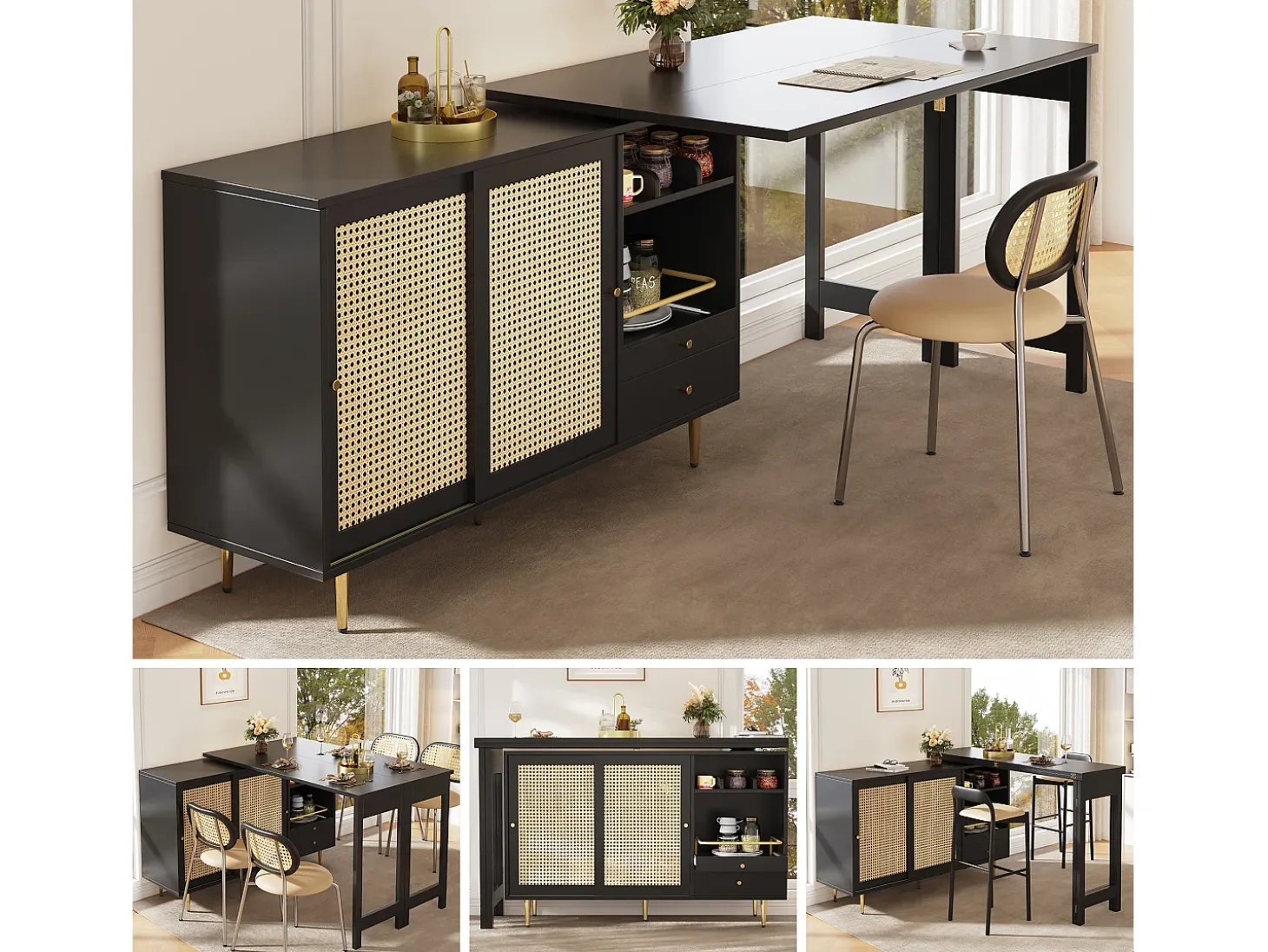 Mueble bar giratorio - 2 puertas, cajones y estantes de almacenaje - MDF y efecto ratán - Negro