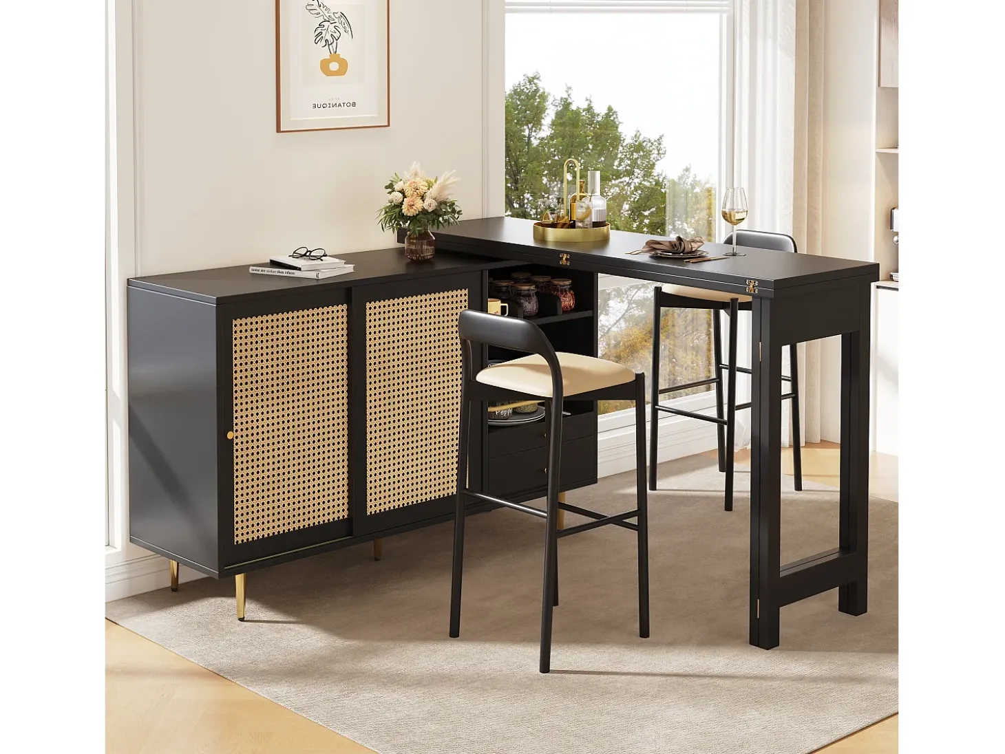 Mueble bar giratorio - 2 puertas, cajones y estantes de almacenaje - MDF y efecto ratán - Negro