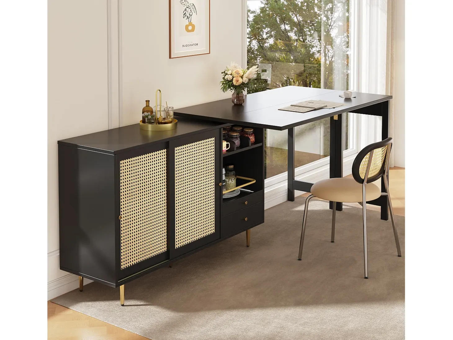 Mueble bar giratorio - 2 puertas, cajones y estantes de almacenaje - MDF y efecto ratán - Negro