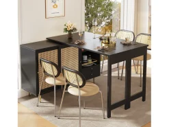 Mueble bar giratorio - 2 puertas, cajones y estantes de almacenaje - MDF y efecto ratán - Negro