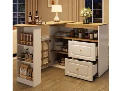 Mueble bar giratorio - 204 x 39 x 104 cm - con 2 cajones + 1 puerta + 3 estantes snack - MDF - blanco