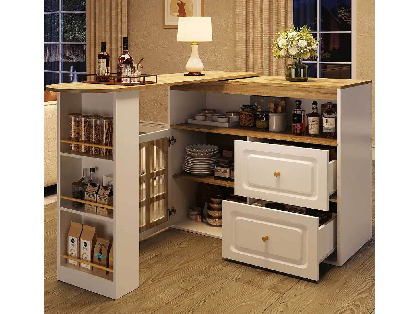 Mueble bar giratorio - 204 x 39 x 104 cm - con 2 cajones + 1 puerta + 3 estantes snack - MDF - blanco