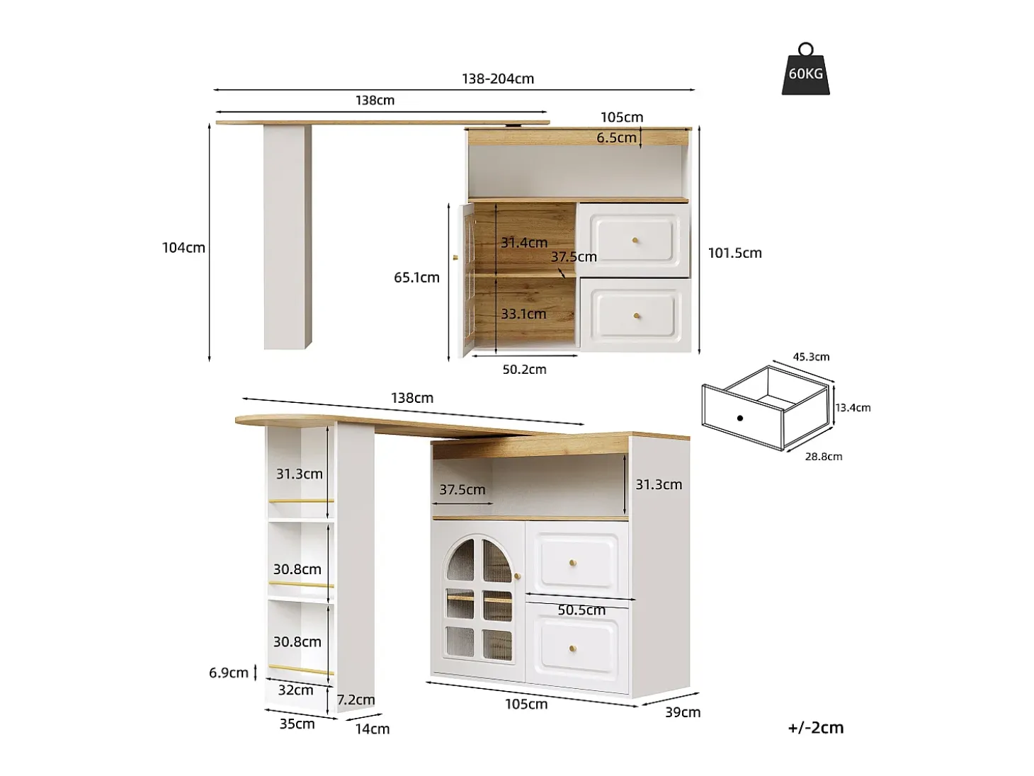 Mueble bar giratorio - 204 x 39 x 104 cm - con 2 cajones + 1 puerta + 3 estantes snack - MDF - blanco
