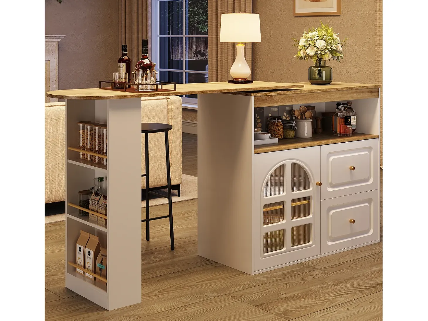 Mueble bar giratorio - 204 x 39 x 104 cm - con 2 cajones + 1 puerta + 3 estantes snack - MDF - blanco