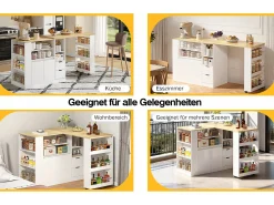 Mueble bar giratorio - 115 x 50 x 92 cm - con estantes + 2 cajones + mesa extensible - MDF - blanco + natural