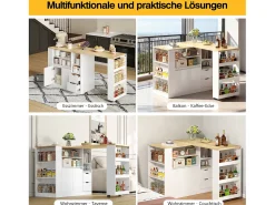 Mueble bar giratorio - 115 x 50 x 92 cm - con estantes + 2 cajones + mesa extensible - MDF - blanco + natural