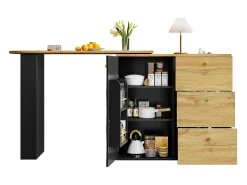 Mueble bar giratorio - Mesa de bar extensible con 3 cajones y 1 puerta - almacenamiento abierto - negro