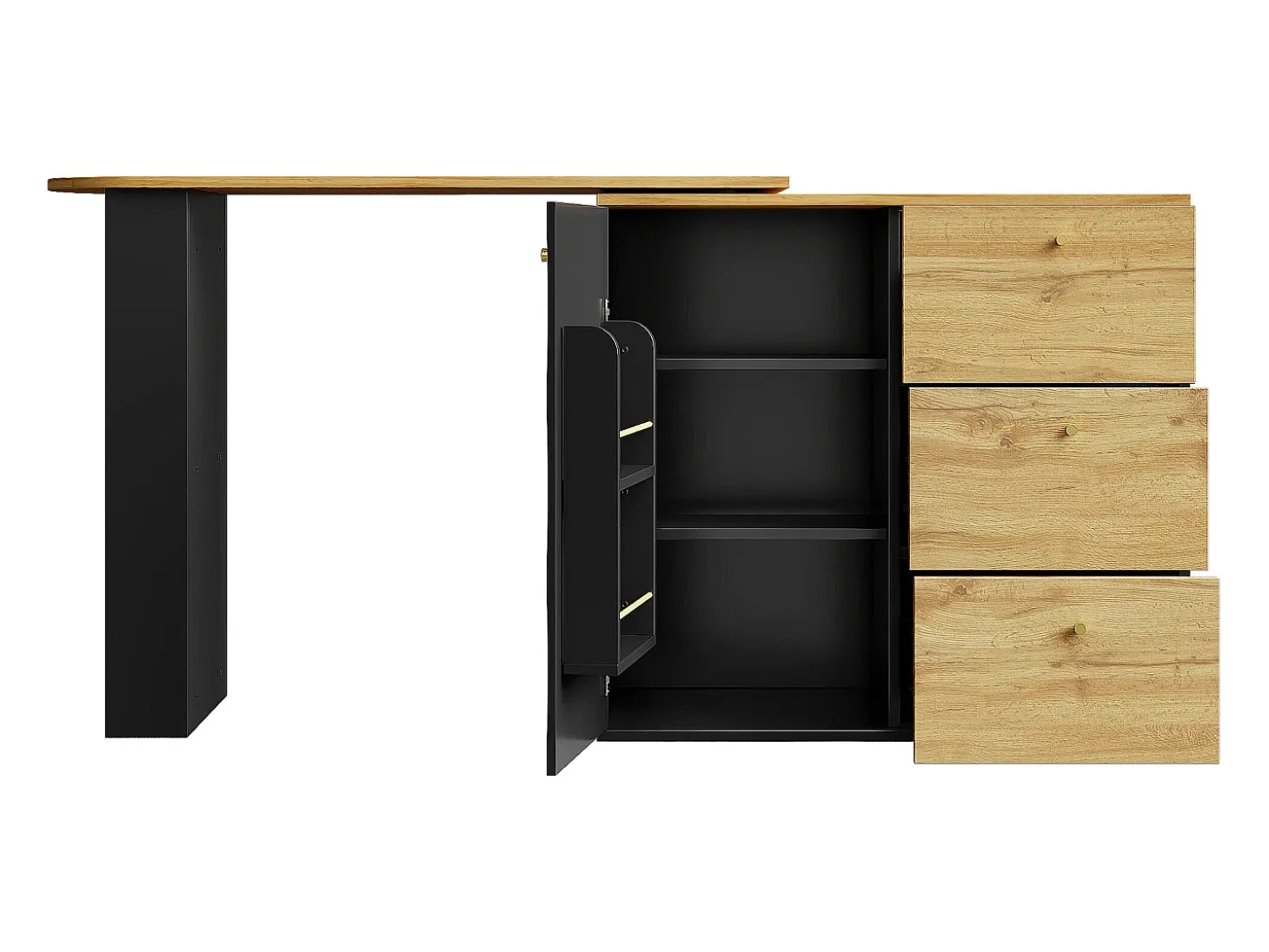 Mueble bar giratorio - Mesa de bar extensible con 3 cajones y 1 puerta - almacenamiento abierto - negro