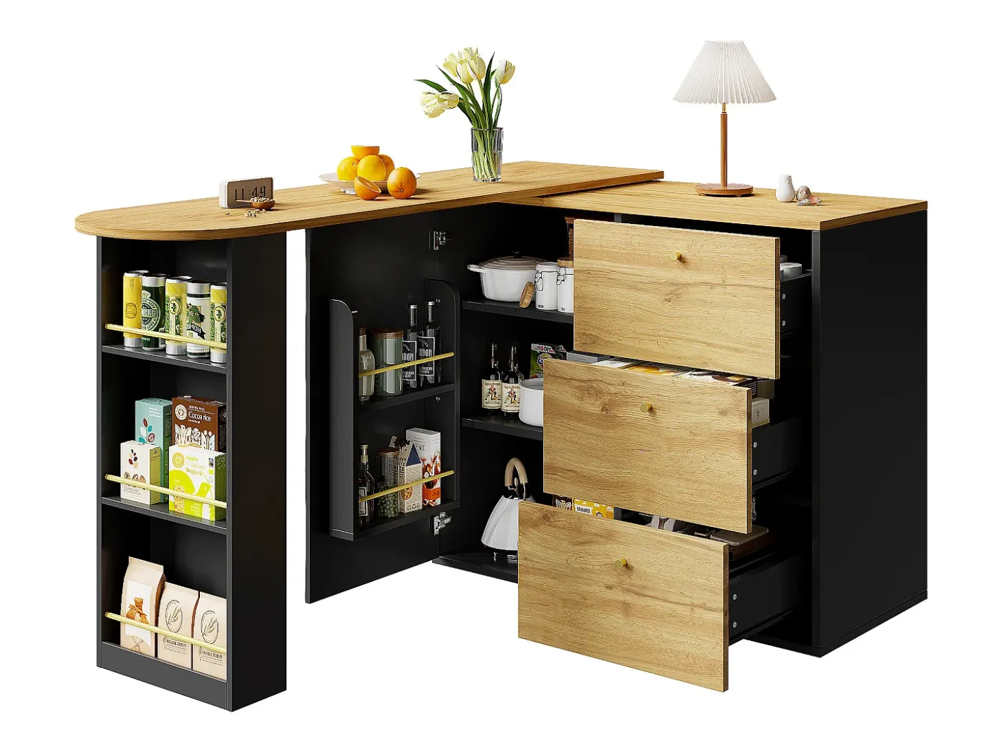 Mueble bar giratorio - Mesa de bar extensible con 3 cajones y 1 puerta - almacenamiento abierto - negro