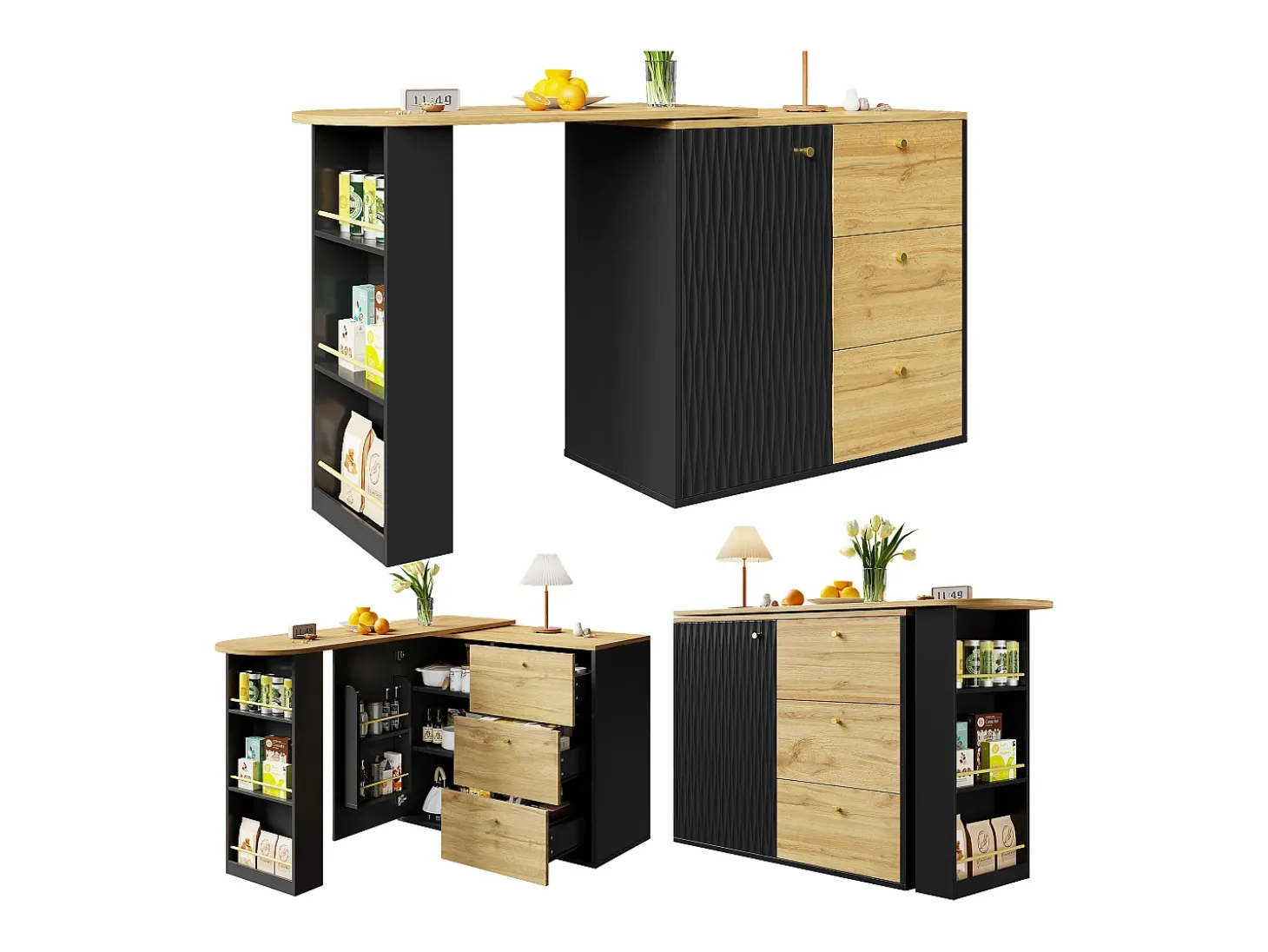 Mueble bar giratorio - Mesa de bar extensible con 3 cajones y 1 puerta - almacenamiento abierto - negro