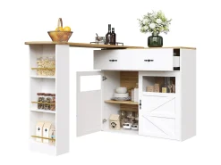 Mueble bar giratorio - Mesa de bar extensible con 1 cajones y 2 puerta de cristal - almacenamiento abierto - blanco