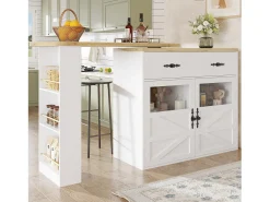Mueble bar giratorio - Mesa de bar extensible con 1 cajones y 2 puerta de cristal - almacenamiento abierto - blanco
