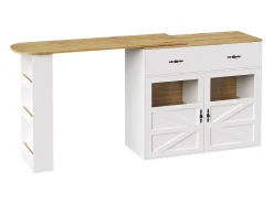 Mueble bar giratorio - Mesa de bar extensible con 1 cajones y 2 puerta de cristal - almacenamiento abierto - blanco