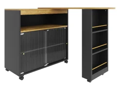 Mueble bar giratorio - Mesa de bar extensible con iluminación LED y puerta corrediza de vidrio - 4 compartimentos abiertos - negro