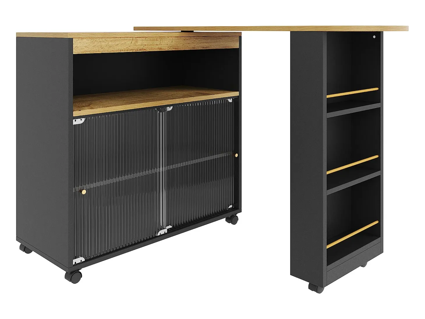 Mueble bar giratorio - Mesa de bar extensible con iluminación LED y puerta corrediza de vidrio - 4 compartimentos abiertos - negro
