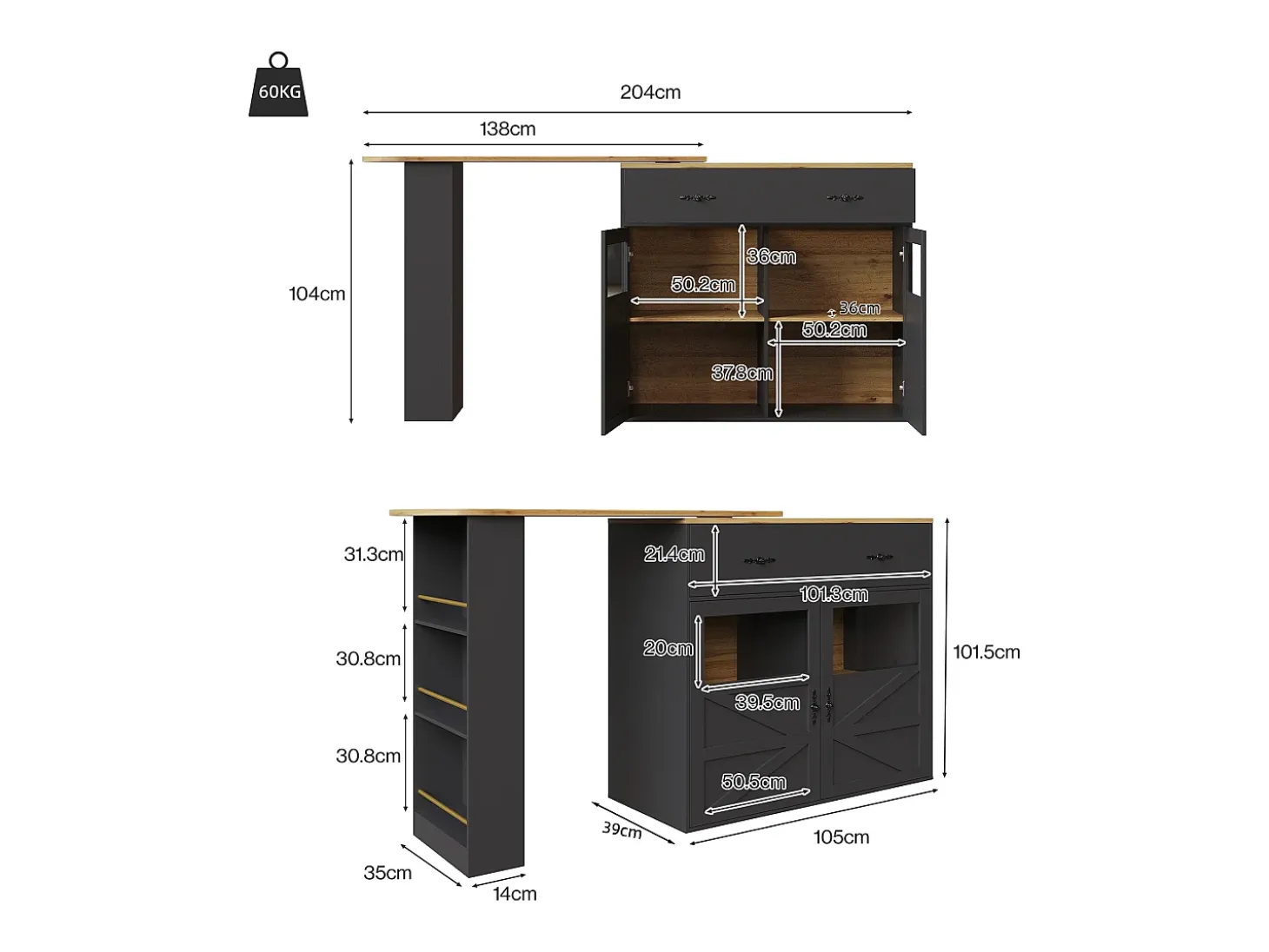 Mueble bar giratorio - Mesa de bar extensible con 1 cajones y 2 puerta de cristal - almacenamiento abierto - negro