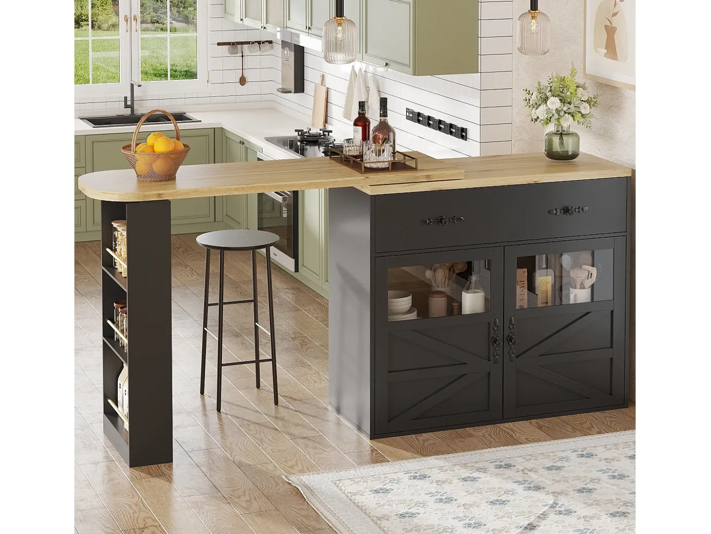 Mueble bar giratorio - Mesa de bar extensible con 1 cajones y 2 puerta de cristal - almacenamiento abierto - negro