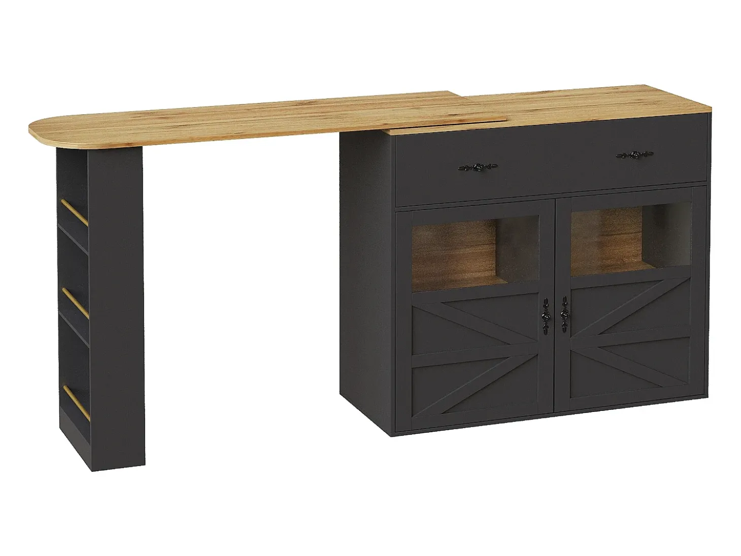 Mueble bar giratorio - Mesa de bar extensible con 1 cajones y 2 puerta de cristal - almacenamiento abierto - negro