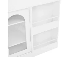 Mueble bar giratorio blanco - Mesa de bar con 2 puertas de cristal y 2 compartimentos de almacenamiento abiertos - parte superior giratoria