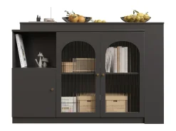 Mueble bar giratorio con 3 puertas, 2 de ellas de cristal, estantes abiertos incluidos, cuerpo negro - 120x40x103cm