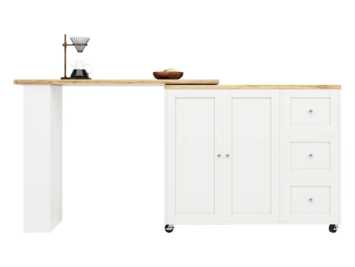 Mueble bar giratorio con ruedas, 2 puertas, 3 cajones y estantes, tablero chapado en madera natural clara, cuerpo blanco - 209x39x106cm