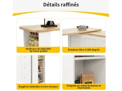 Mueble bar giratorio con ruedas, 2 puertas, 3 cajones y estantes, tablero chapado en madera natural clara, cuerpo blanco - 209x39x106cm