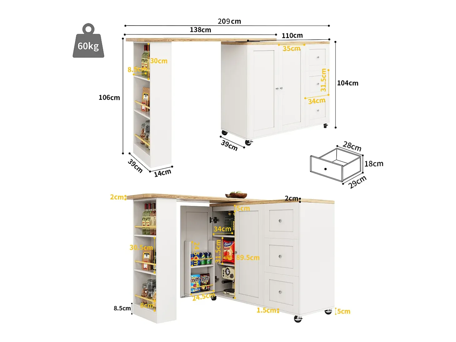 Mueble bar giratorio con ruedas, 2 puertas, 3 cajones y estantes, tablero chapado en madera natural clara, cuerpo blanco - 209x39x106cm