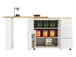 Mueble bar giratorio con ruedas, 2 puertas, 3 cajones y estantes, tablero chapado en madera natural clara, cuerpo blanco - 209x39x106cm