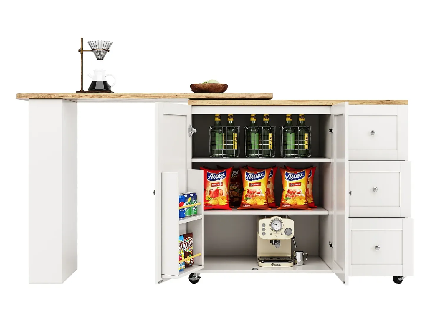 Mueble bar giratorio con ruedas, 2 puertas, 3 cajones y estantes, tablero chapado en madera natural clara, cuerpo blanco - 209x39x106cm
