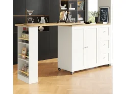 Mueble bar giratorio con ruedas, 2 puertas, 3 cajones y estantes, tablero chapado en madera natural clara, cuerpo blanco - 209x39x106cm