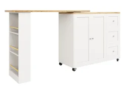 Mueble bar giratorio con ruedas, 2 puertas, 3 cajones y estantes, tablero chapado en madera natural clara, cuerpo blanco - 209x39x106cm