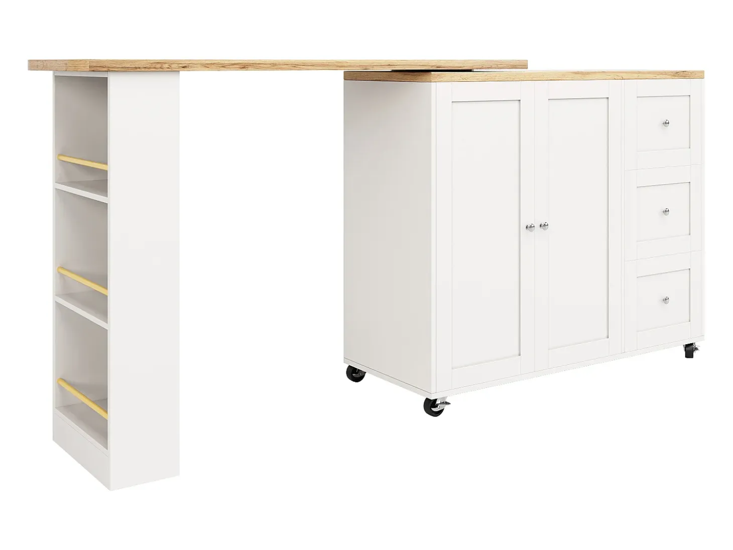 Mueble bar giratorio con ruedas, 2 puertas, 3 cajones y estantes, tablero chapado en madera natural clara, cuerpo blanco - 209x39x106cm