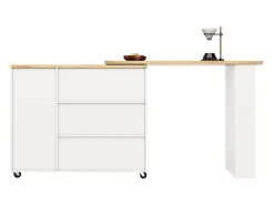 Mueble bar giratorio con ruedas, 2 puertas, 3 cajones y estantes, tablero chapado en madera natural clara, cuerpo blanco - 209x39x106cm
