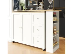 Mueble bar giratorio con ruedas, 2 puertas, 3 cajones y estantes, tablero chapado en madera natural clara, cuerpo blanco - 209x39x106cm