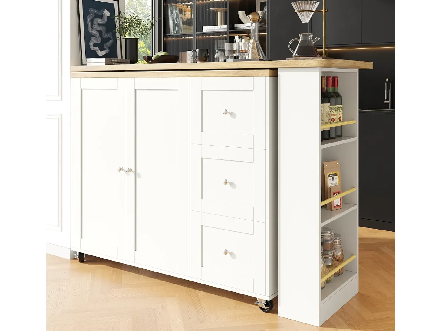 Mueble bar giratorio con ruedas, 2 puertas, 3 cajones y estantes, tablero chapado en madera natural clara, cuerpo blanco - 209x39x106cm