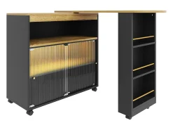 Mueble bar giratorio con ruedas con 2 puertas correderas de cristal, 1 nicho y estantes, LED incluido, MDF, negro - 138x39x105cm