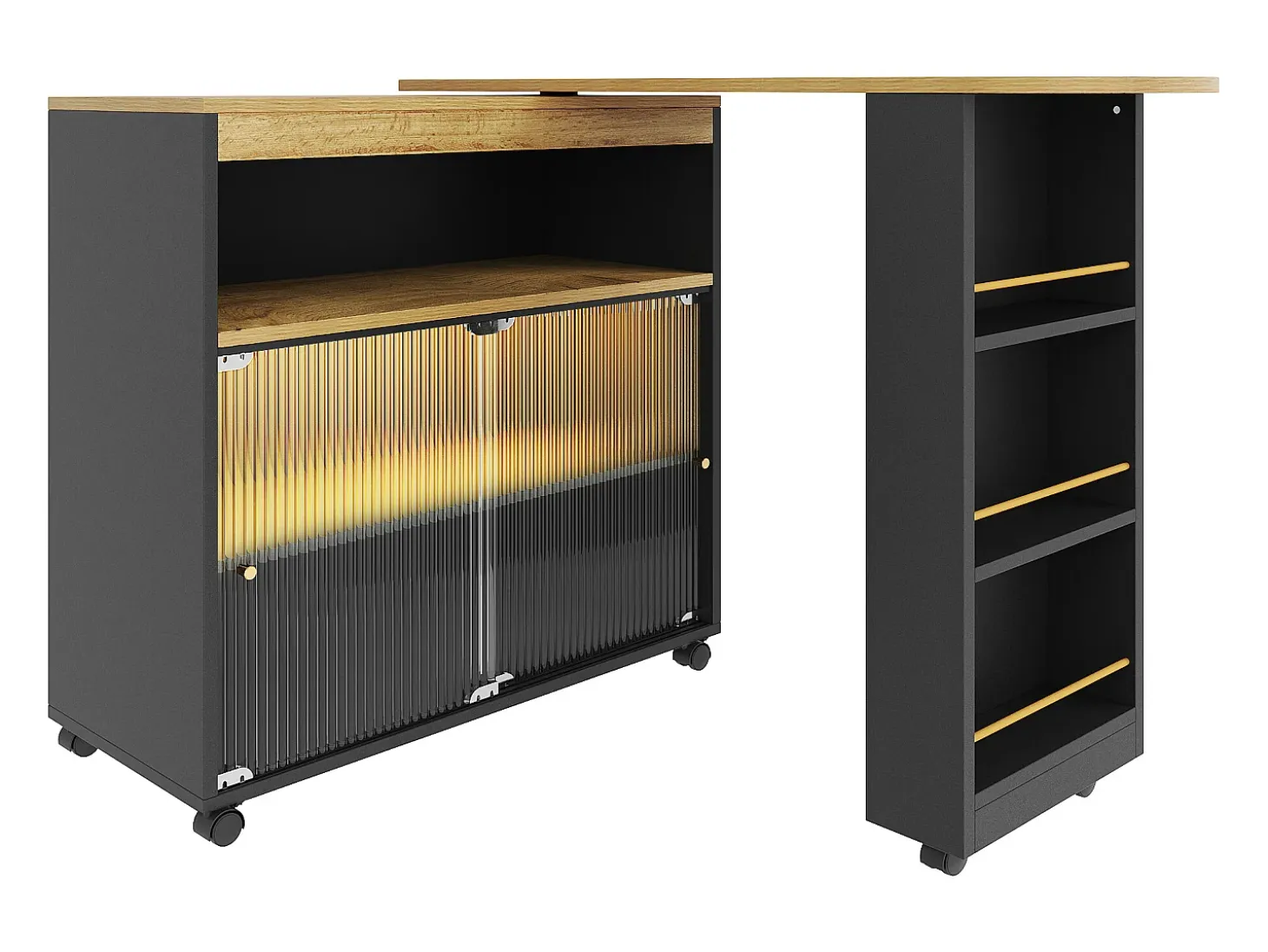 Mueble bar giratorio con ruedas con 2 puertas correderas de cristal, 1 nicho y estantes, LED incluido, MDF, negro - 138x39x105cm