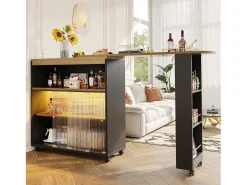 Mueble bar giratorio con ruedas con 2 puertas correderas de cristal, 1 nicho y estantes, LED incluido, MDF, negro - 138x39x105cm